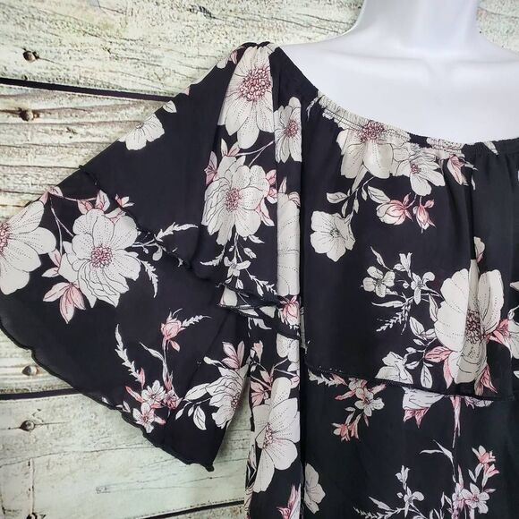 Adora Black Pink Floral Off Shoulder Blouse M Ruffle Sleeve Boho Top - Picture 2 of 6
